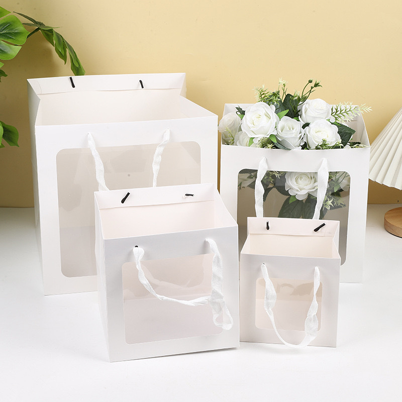 橱窗袋方袋手提袋礼品袋现货520送礼单支鲜花袋批发方形开窗手提袋细节图