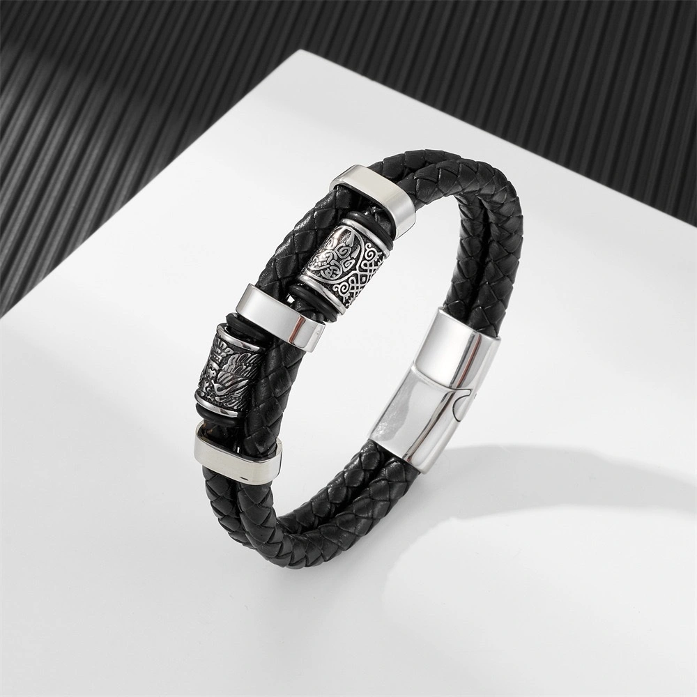 Cross-border alloy personalized double-layer leather Viking bracelet, new men's retro leather bracelet, European and American accessory bracelet detail image 4