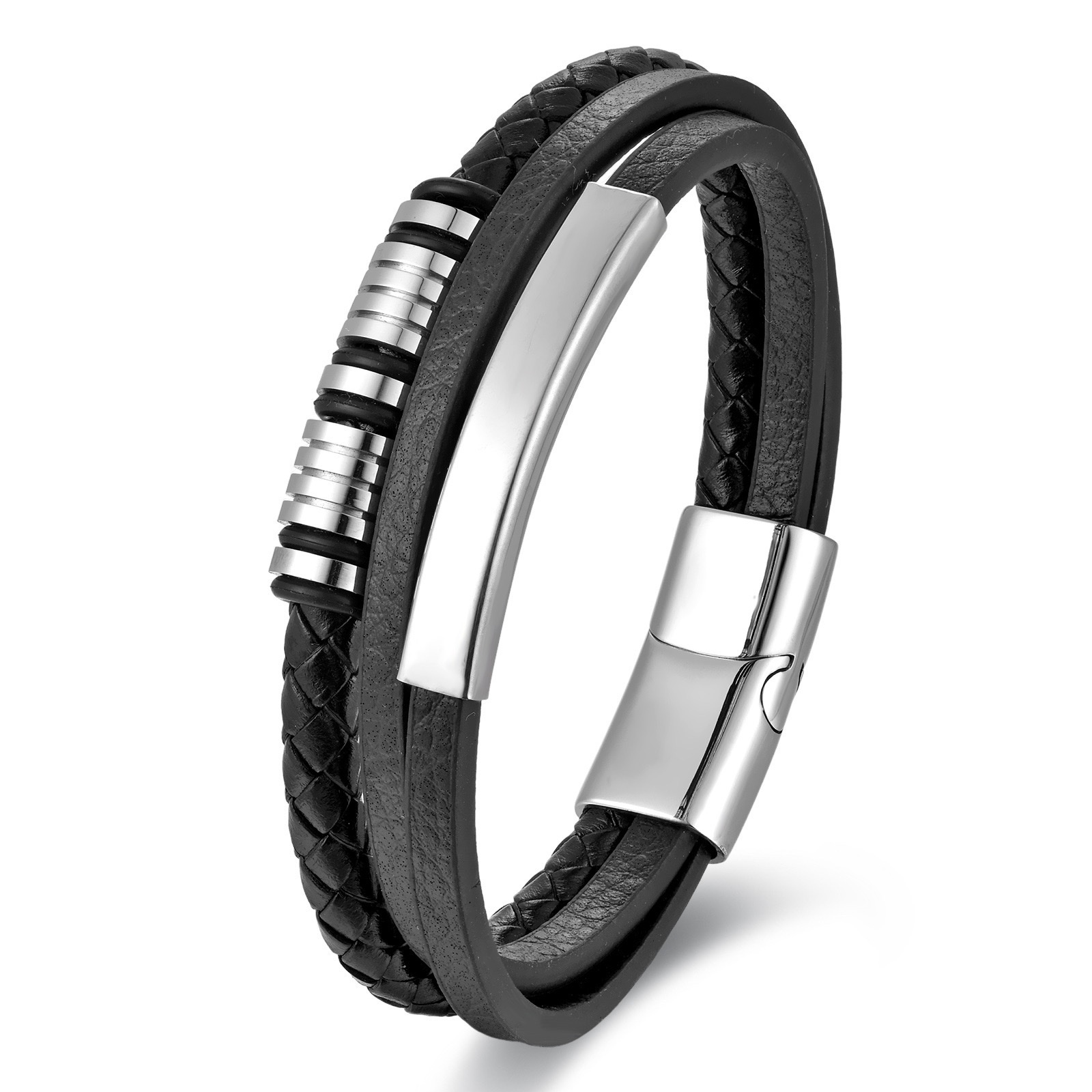 Cross-border Japanese and Korean style men's trendy multi-layer leather bracelet, European and American men's fashionable, individual and simple alloy leather bracelet Item Picture