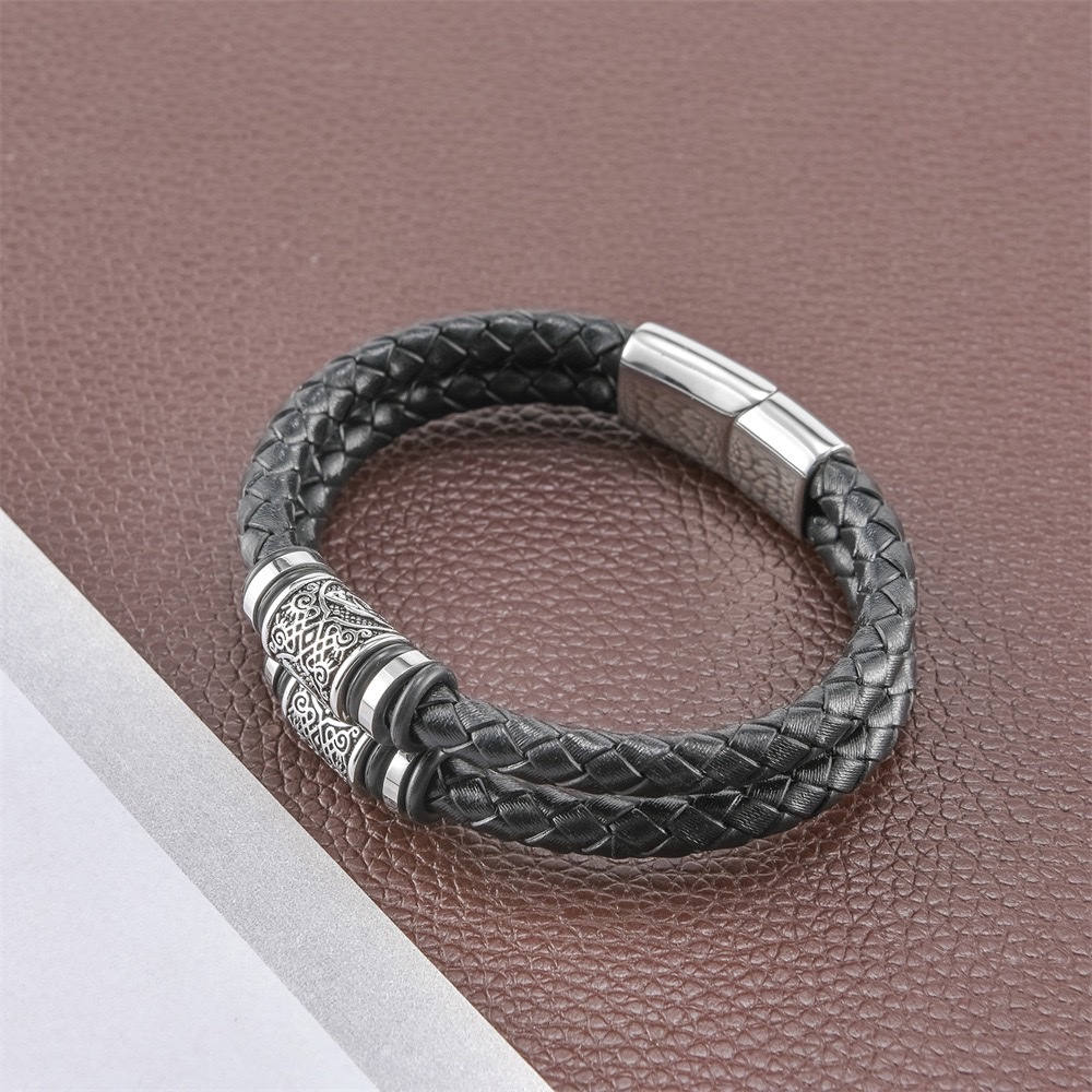 Men's leather Viking bracelet, cross-border Amazon double-layer woven leather bracelet, European and American leather bracelet detail image 3