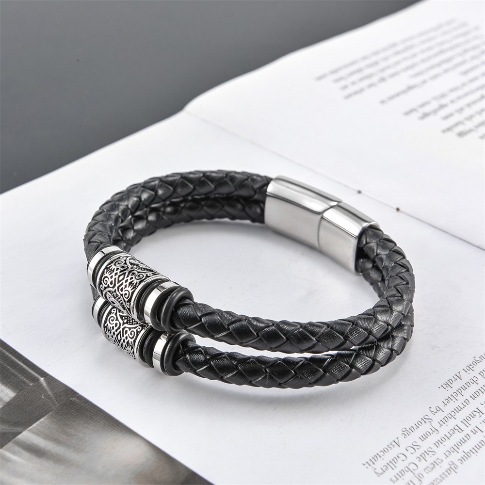 Men's leather Viking bracelet, cross-border Amazon double-layer woven leather bracelet, European and American leather bracelet detail image 2