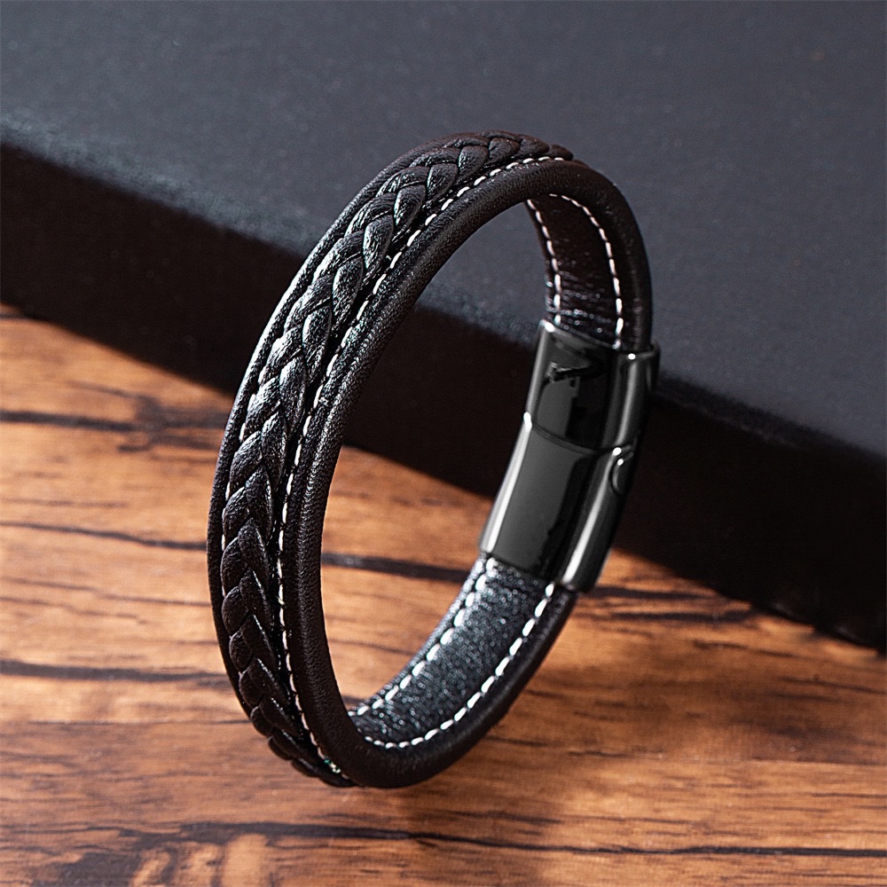 Simple genuine leather bracelet, Japanese and Korean style men's versatile and personalized leather bracelet, European and American street woven leather bracelet, accessory bracelet detail image 7