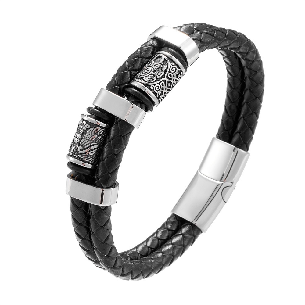Cross-border alloy personalized double-layer leather Viking bracelet, new men's retro leather bracelet, European and American accessory bracelet