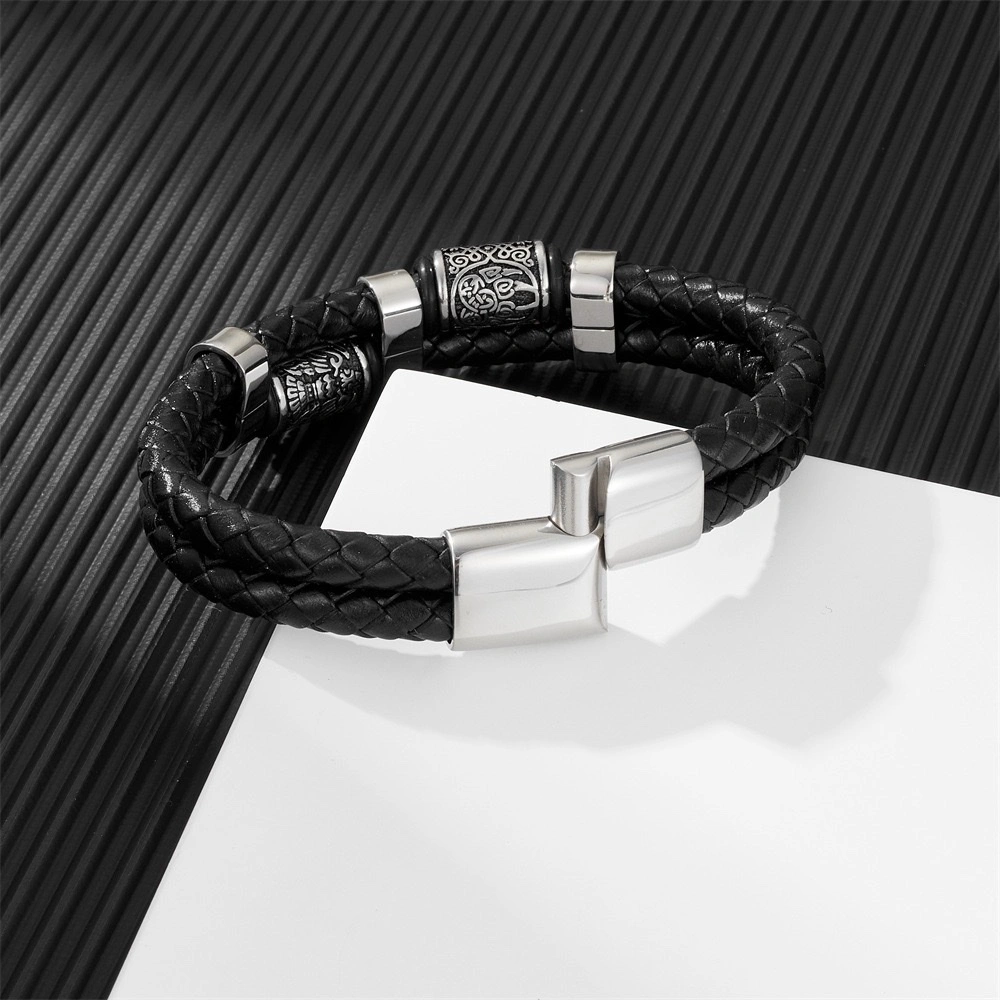 Cross-border alloy personalized double-layer leather Viking bracelet, new men's retro leather bracelet, European and American accessory bracelet detail image 2