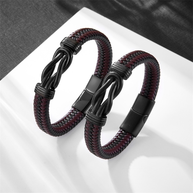 欧美bracelet简约DIY皮革手镯 跨境黑棕皮编织复古男士皮手链 手链