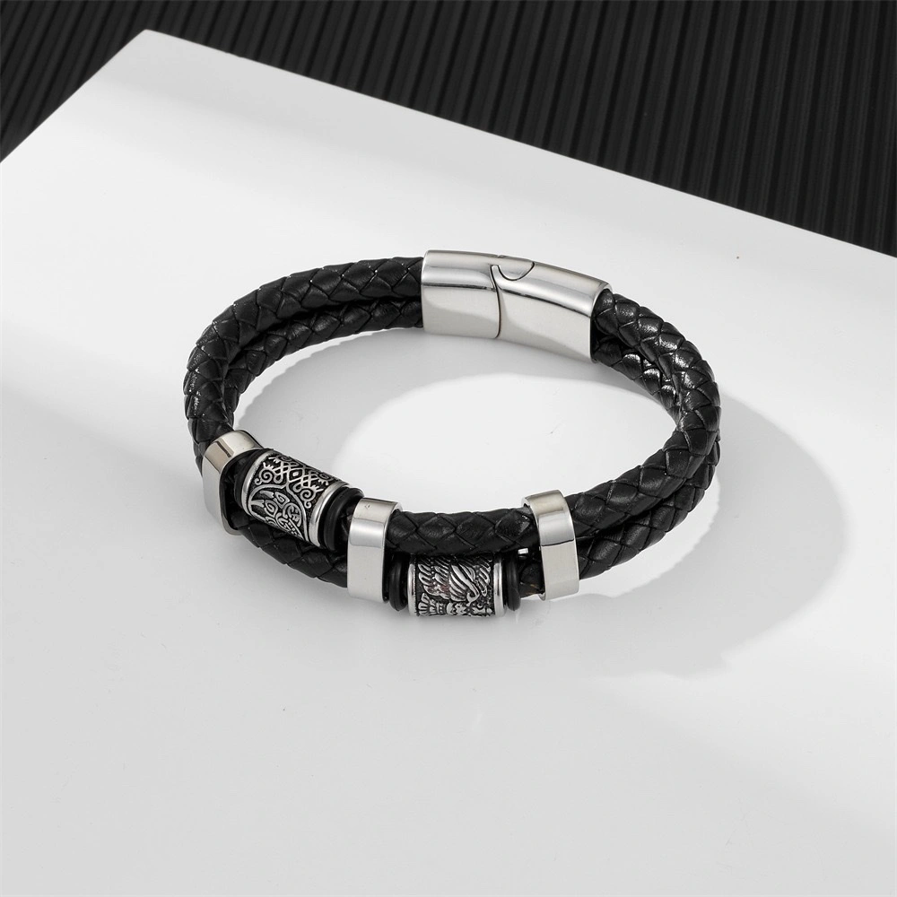 Cross-border alloy personalized double-layer leather Viking bracelet, new men's retro leather bracelet, European and American accessory bracelet detail image 3