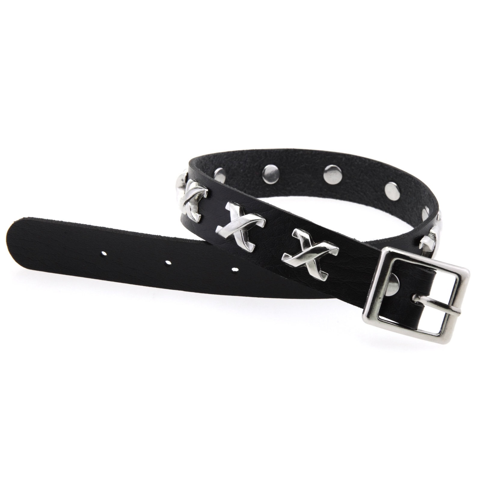 Punk personality X nail leather collar necklace, cool stainless steel snap neck strap, adjustable pin buckle collarbone necklace detail image 4