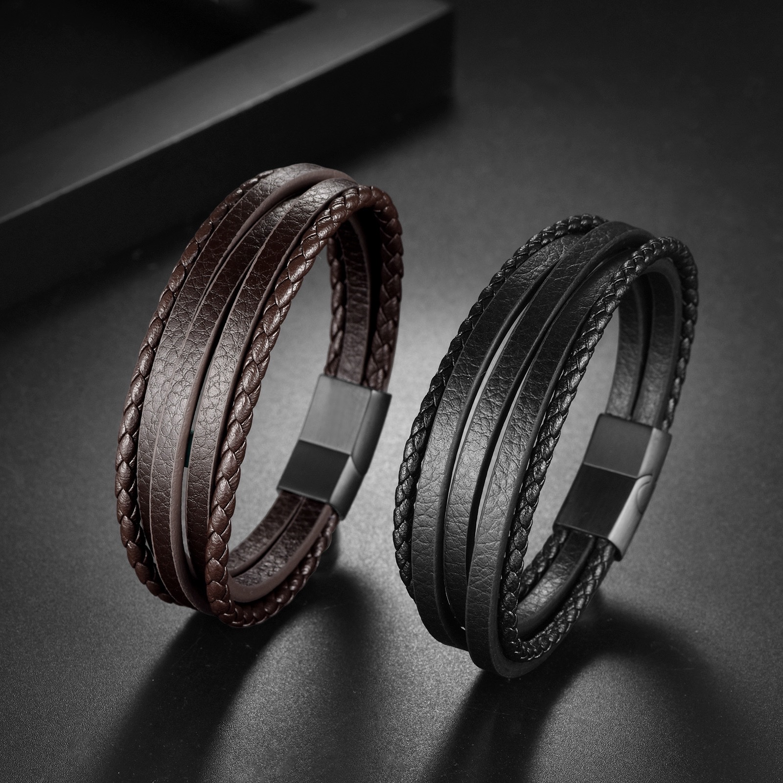 Cross-border simple and retro brown leather rope woven leather bracelet, European and American ethnic style magnetic clasp men's bracelet wholesale bracelet