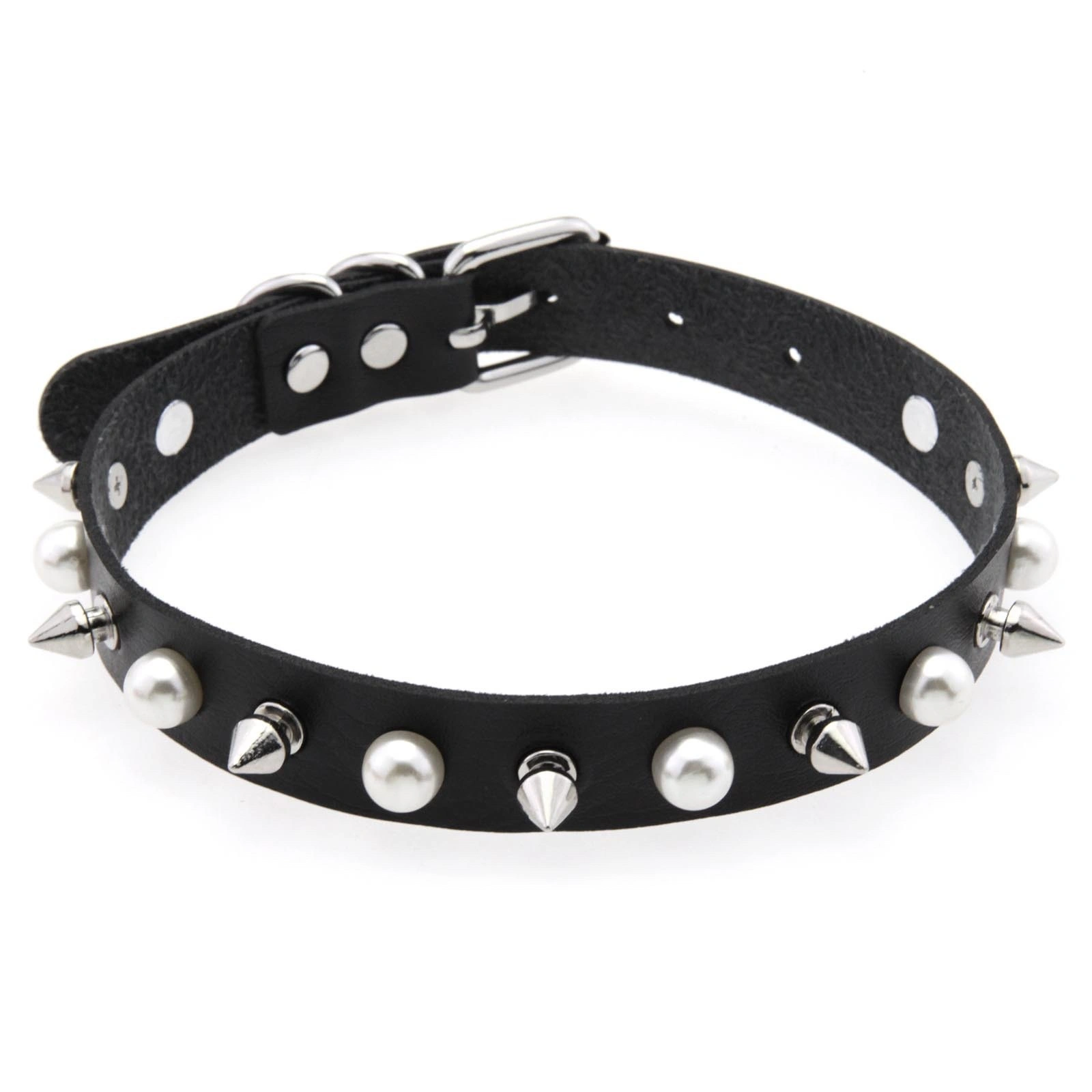 New punk alloy pointed-toe leather collar, elegant imitation pearl rivet Harajuku collar, gothic rock neck chain, leather chain necklace detail image 3