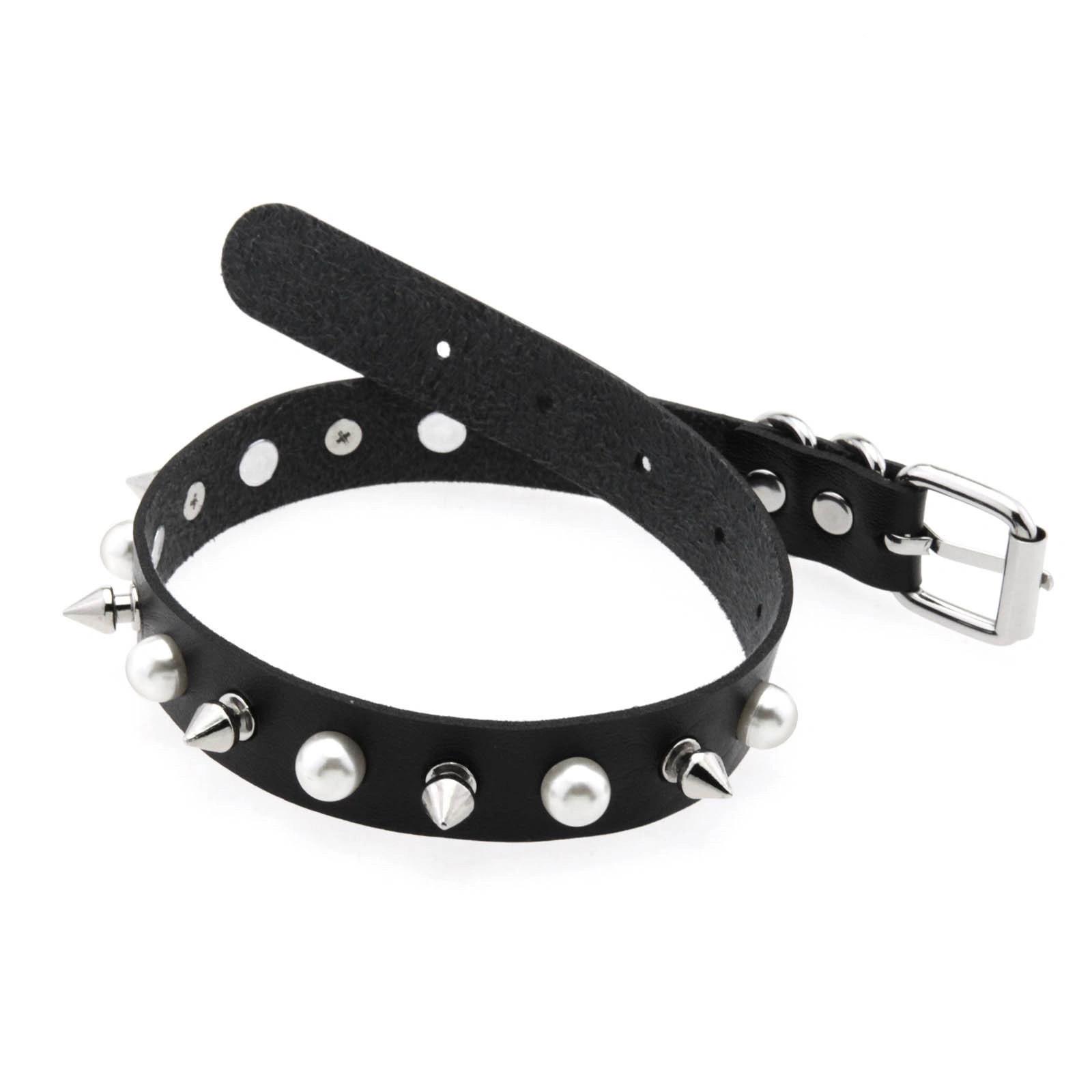 New punk alloy pointed-toe leather collar, elegant imitation pearl rivet Harajuku collar, gothic rock neck chain, leather chain necklace detail image 6