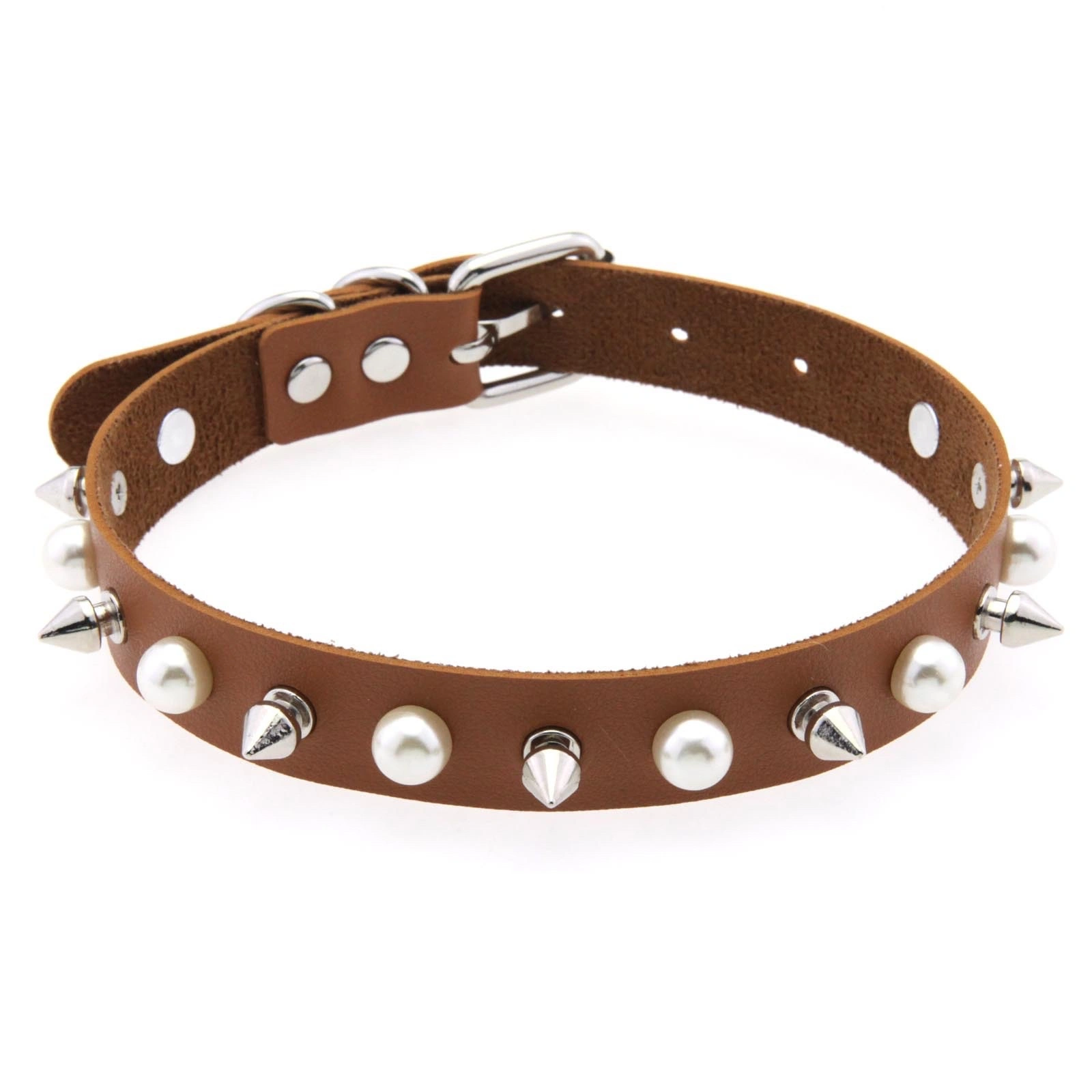 New punk alloy pointed-toe leather collar, elegant imitation pearl rivet Harajuku collar, gothic rock neck chain, leather chain necklace detail image 2