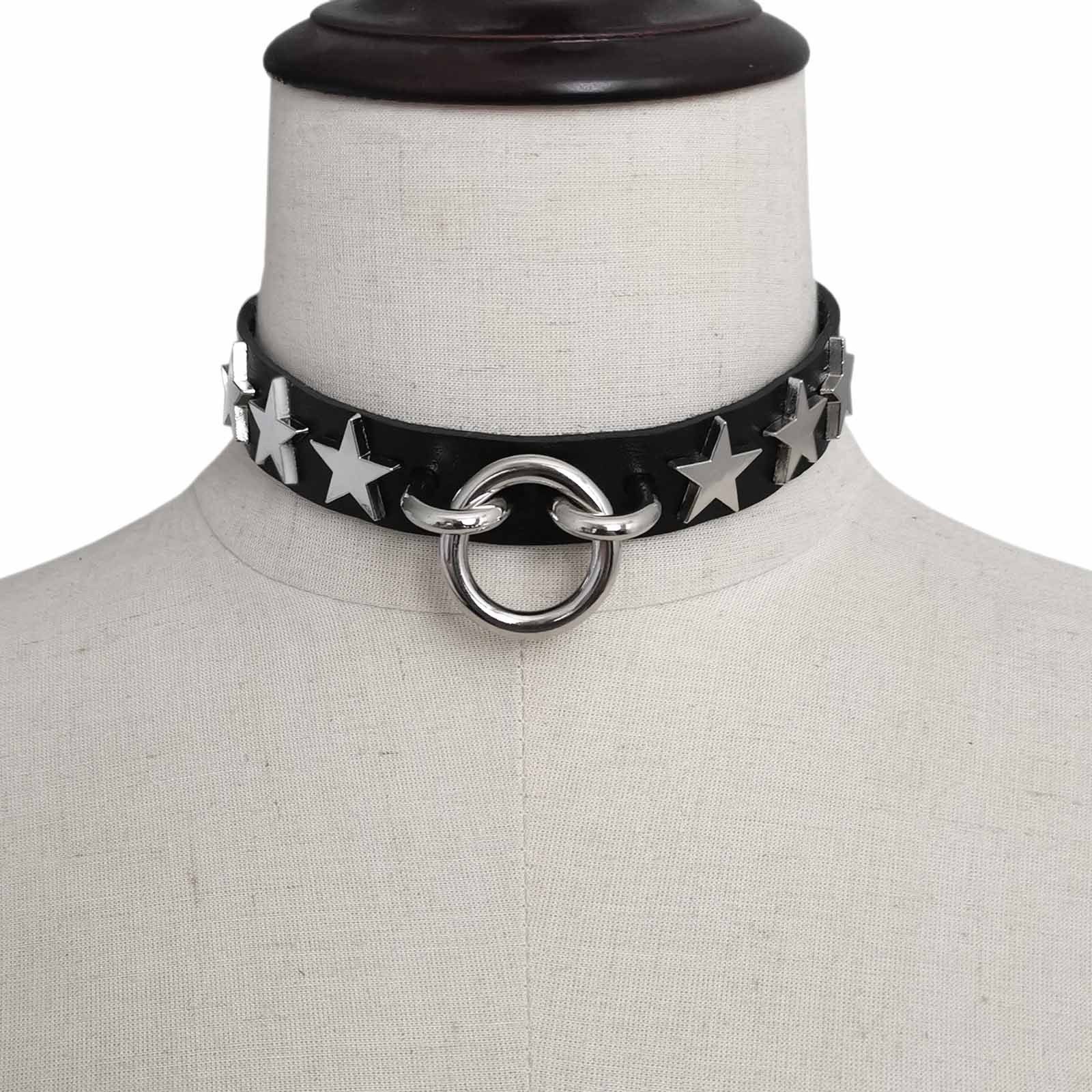 Popular alloy five-pointed star rivet collar, cross-border creative circular neck collar, collarbone neck chain, sexy PU leather necklace detail image 8