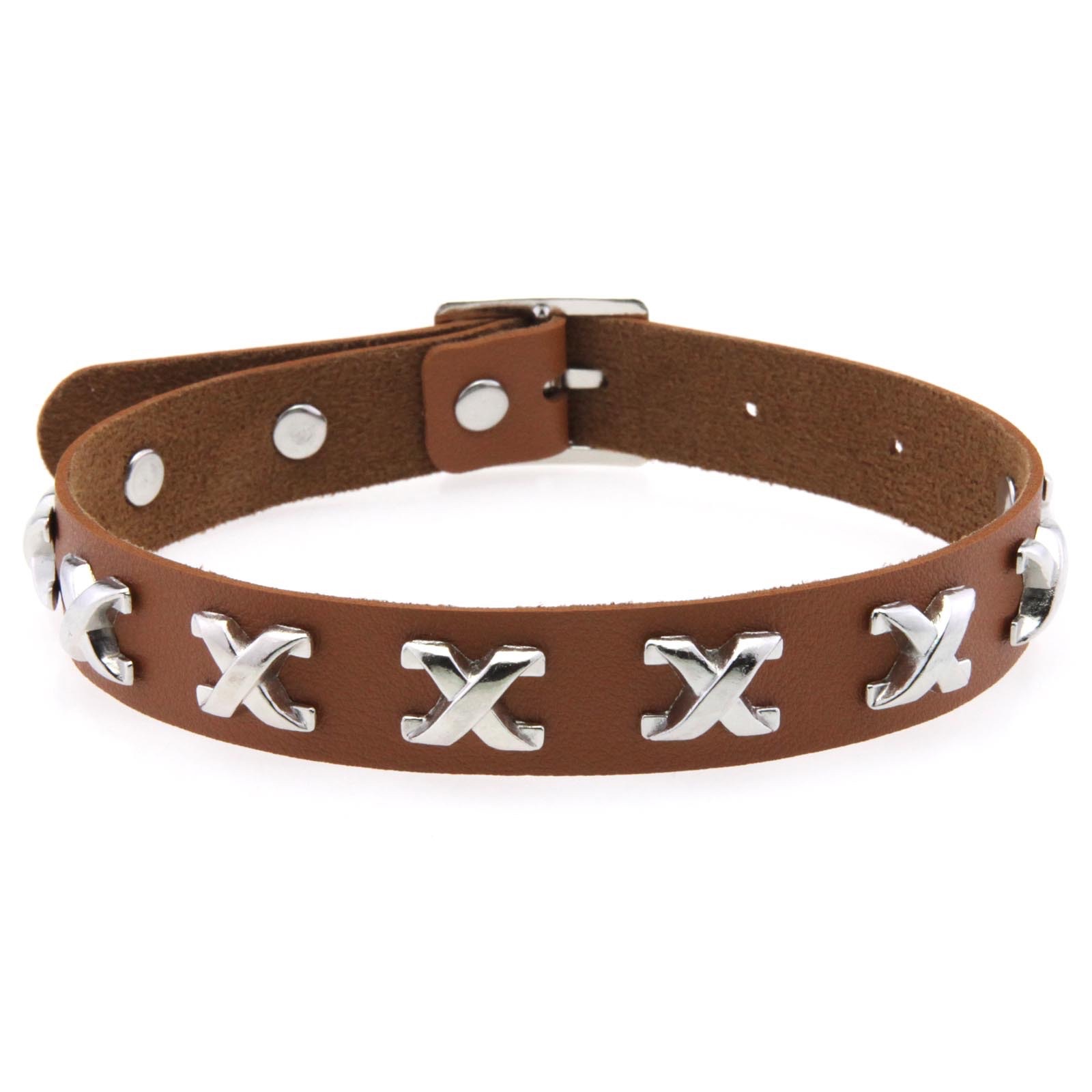 Punk personality X nail leather collar necklace, cool stainless steel snap neck strap, adjustable pin buckle collarbone necklace detail image 2