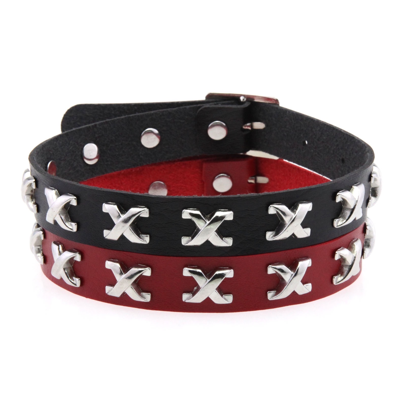 Punk personality X nail leather collar necklace, cool stainless steel snap neck strap, adjustable pin buckle collarbone necklace details Picture