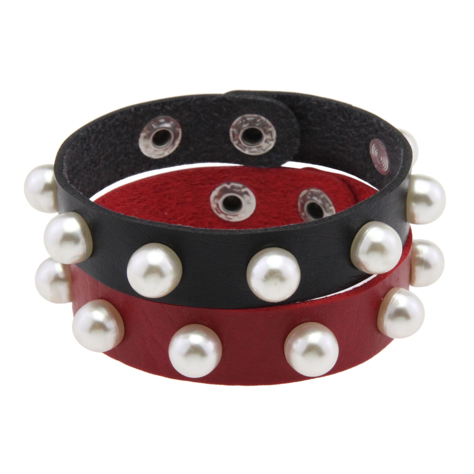 Sweet, cool and elegant pearl imitation bracelet, fashionable leather couple bracelet, Gothic stainless steel snap riveted bracelet, bracelet accessory details Picture