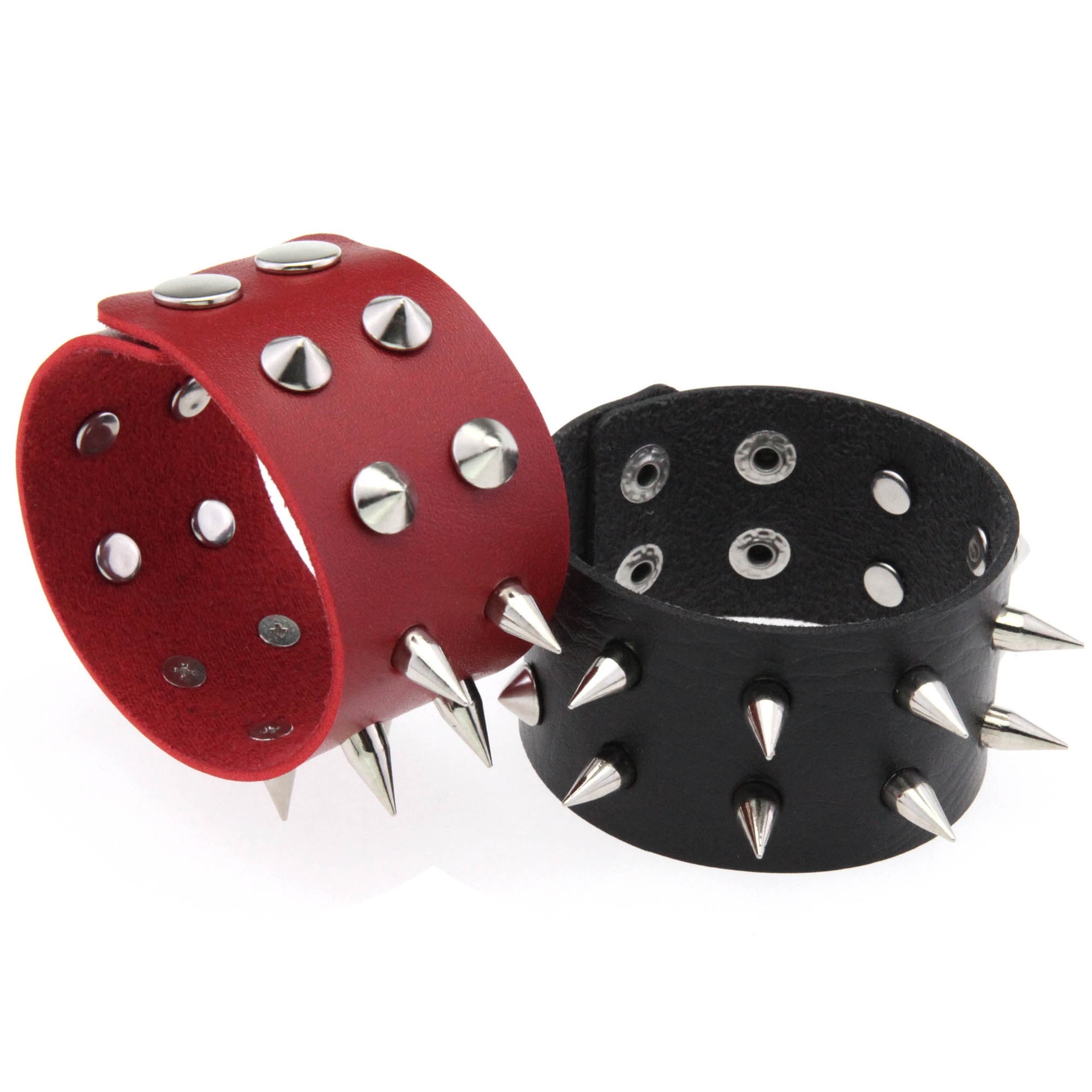 Cross-border bestseller punk style double-row alloy pointed pin couple leather bracelet, rock stainless steel snap buckle bracelet, bangle bracelet detail image 5