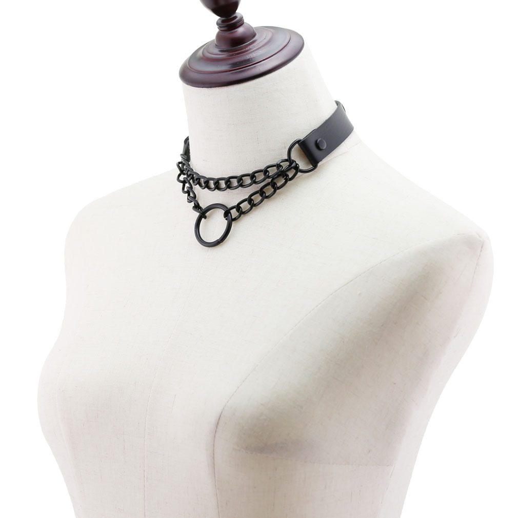 European and American dark punk-style leather circular collar necklace street style, black chain neck strap, neck chain, collarbone chain detail image 2
