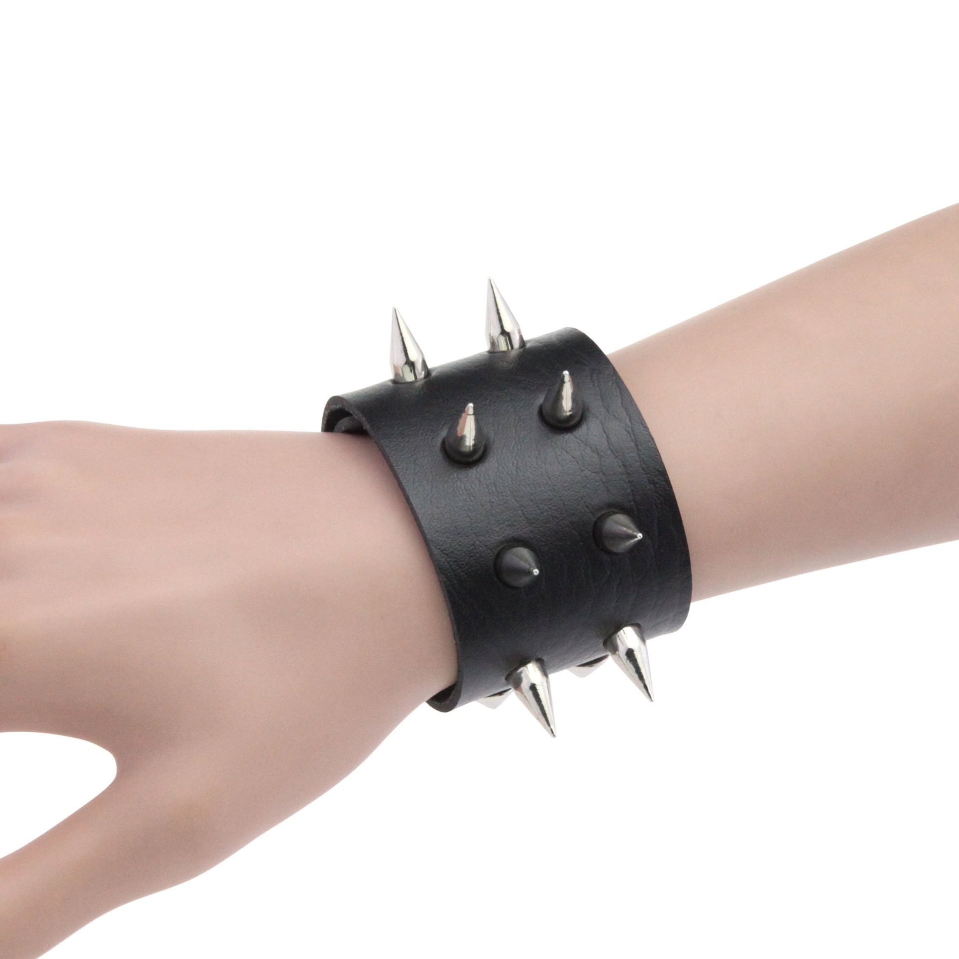 Cross-border bestseller punk style double-row alloy pointed pin couple leather bracelet, rock stainless steel snap buckle bracelet, bangle bracelet detail image 4