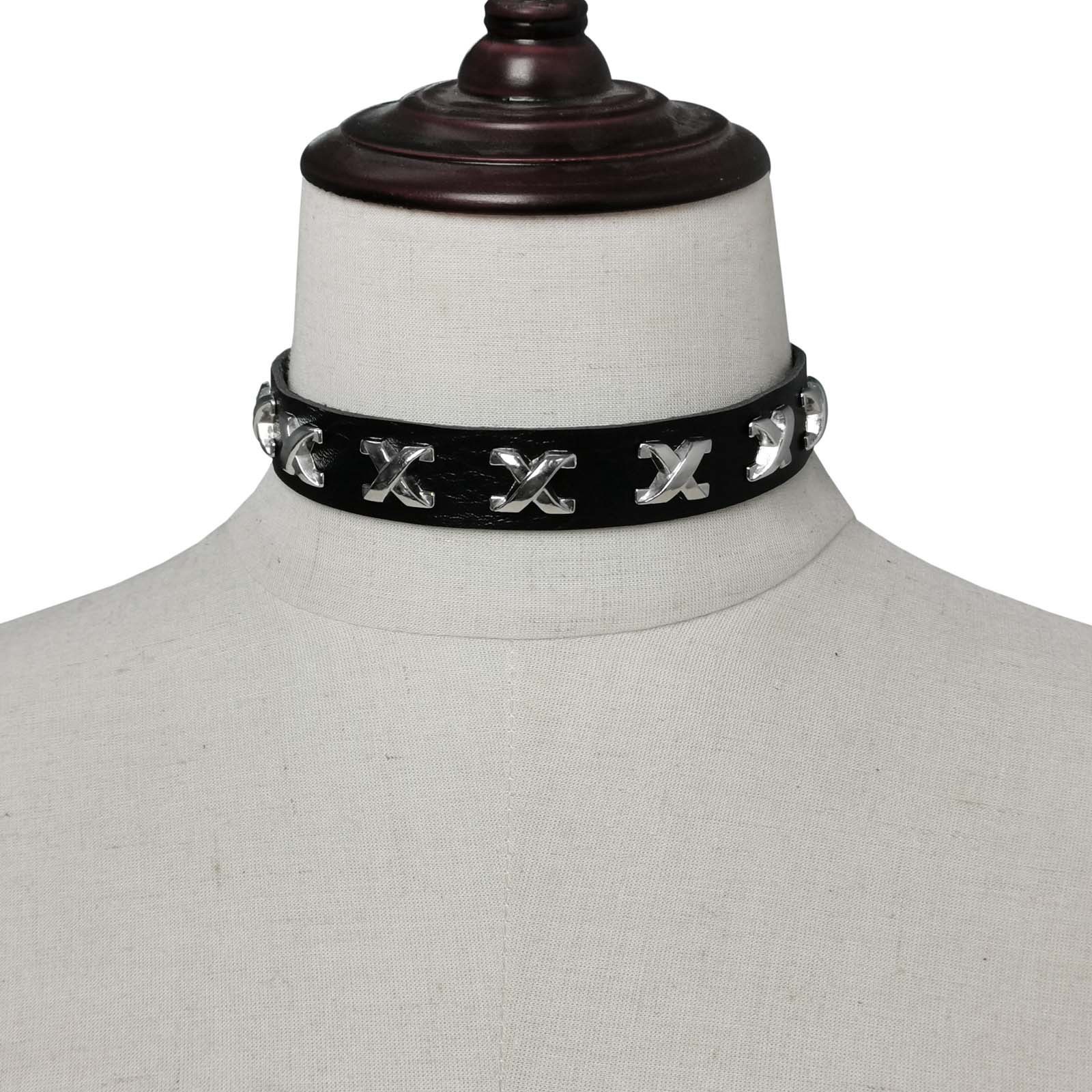 Punk personality X nail leather collar necklace, cool stainless steel snap neck strap, adjustable pin buckle collarbone necklace detail image 8