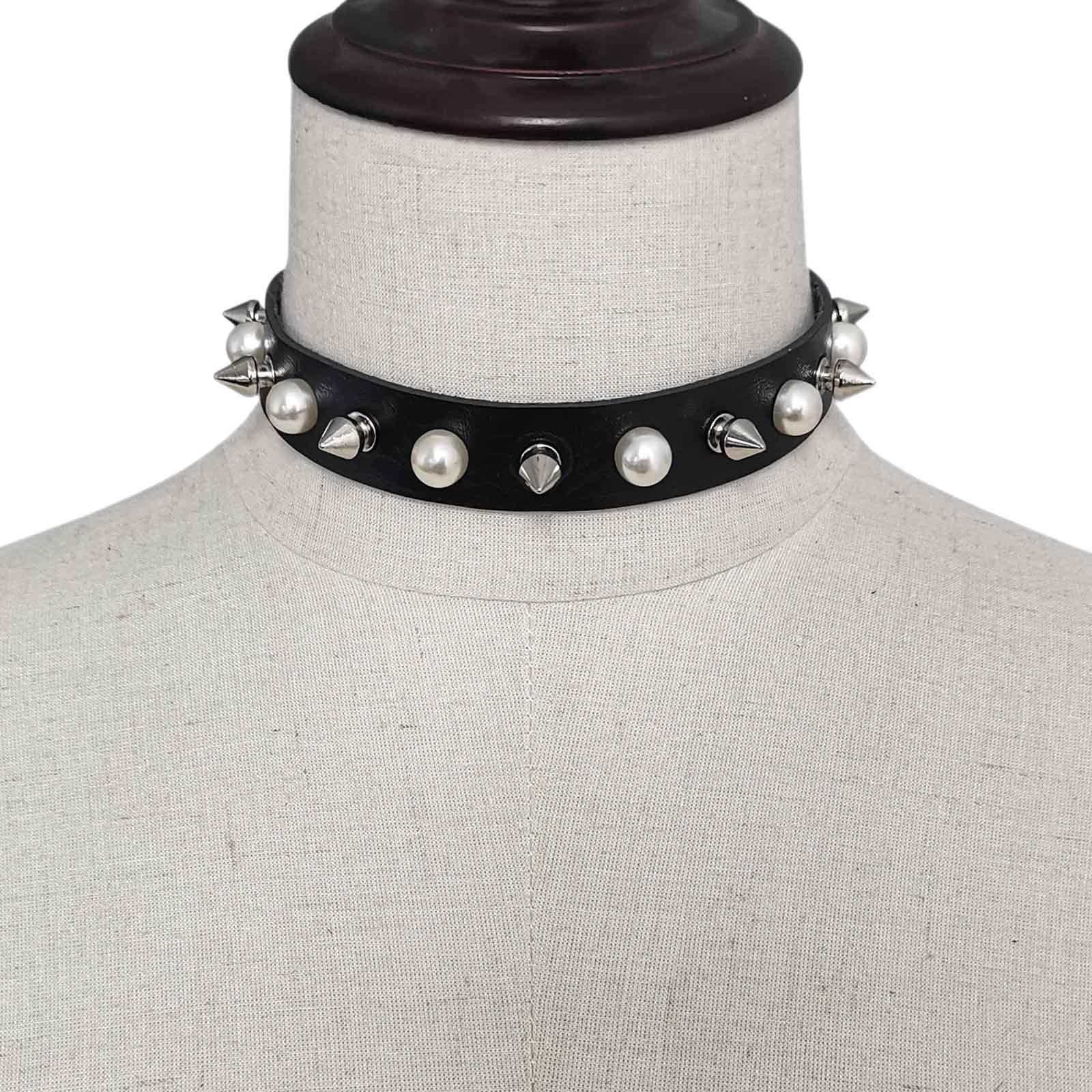 New punk alloy pointed-toe leather collar, elegant imitation pearl rivet Harajuku collar, gothic rock neck chain, leather chain necklace