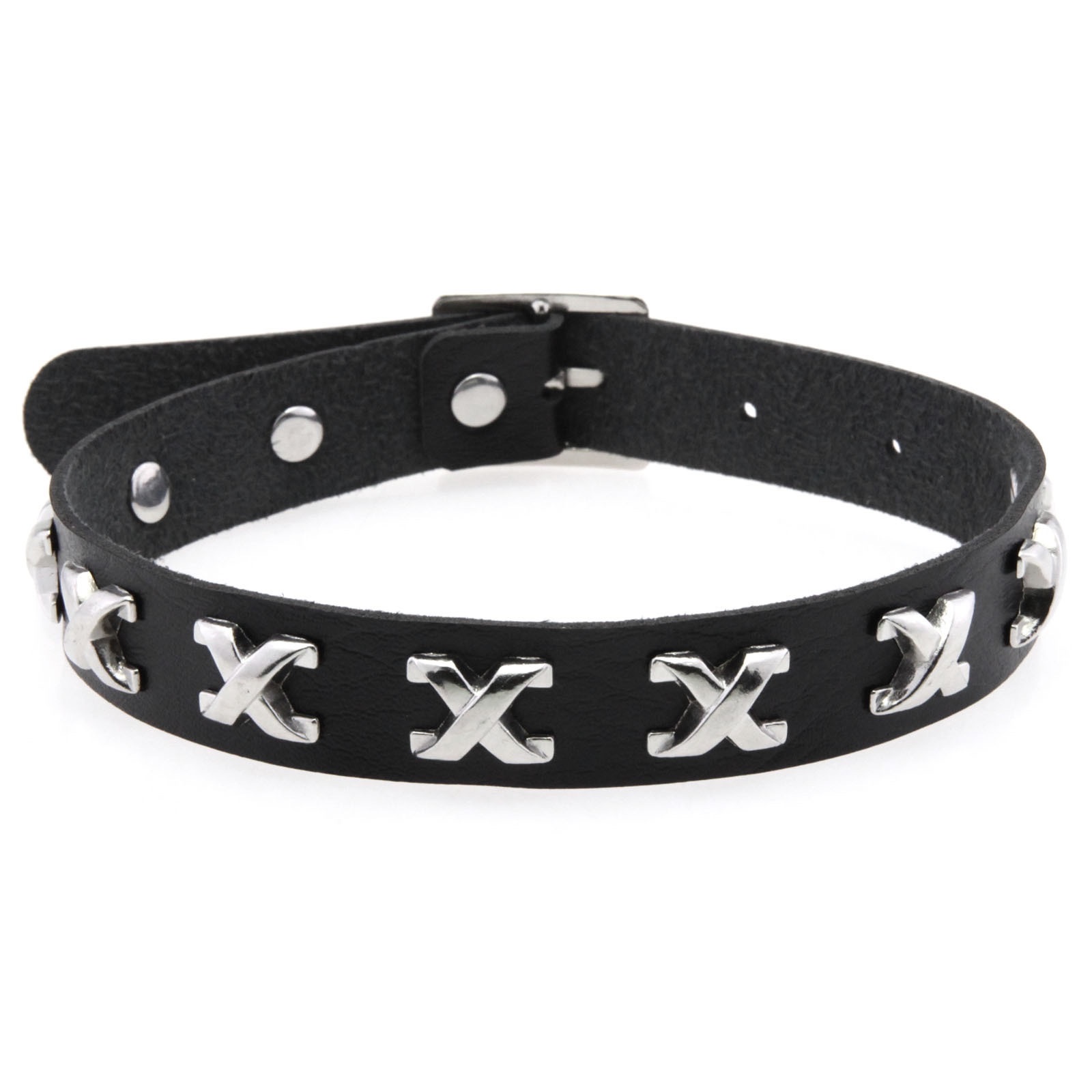 Punk personality X nail leather collar necklace, cool stainless steel snap neck strap, adjustable pin buckle collarbone necklace detail image 3