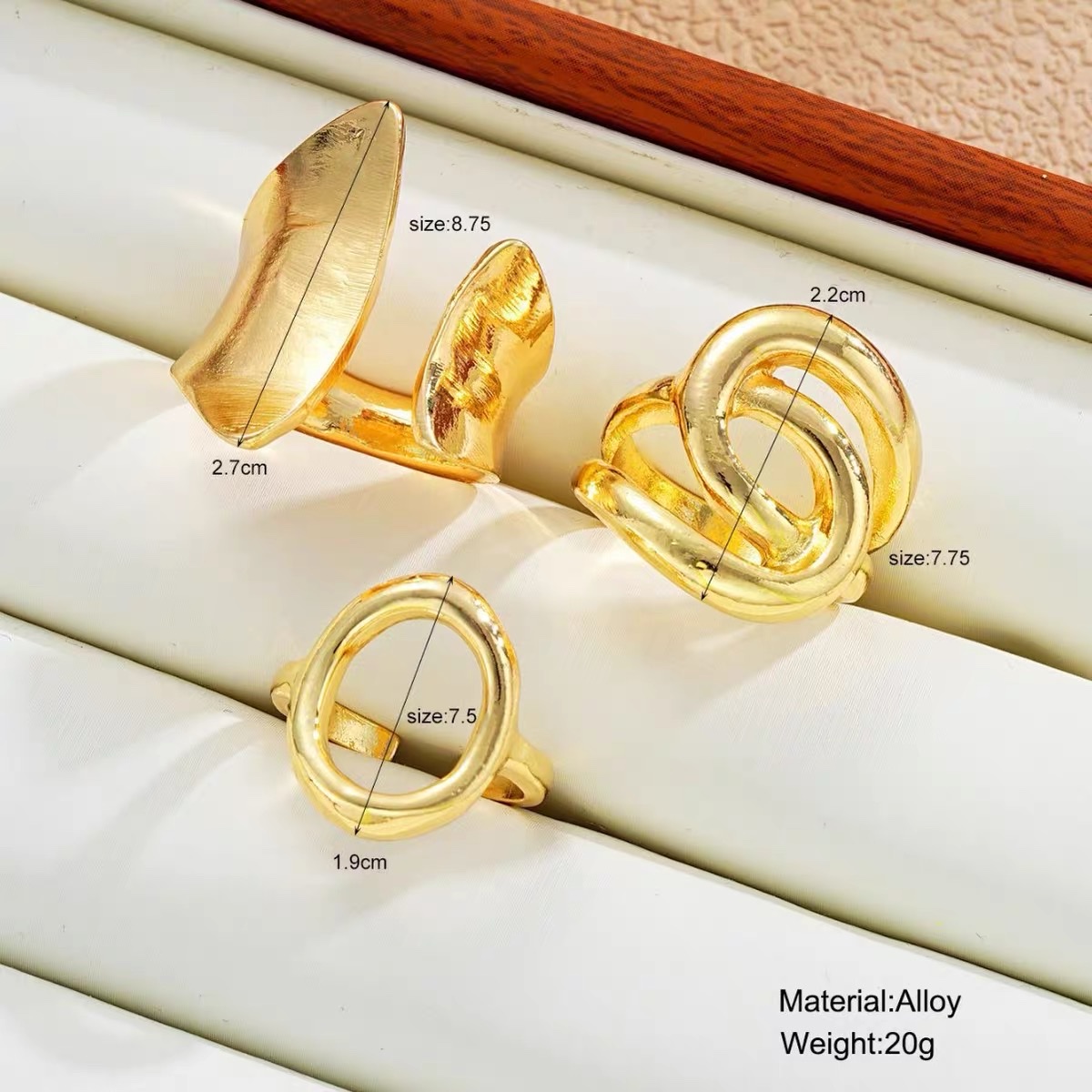 3-piece ring set欧美跨境新款金色光面不规则镂空合金戒指3件套戒指