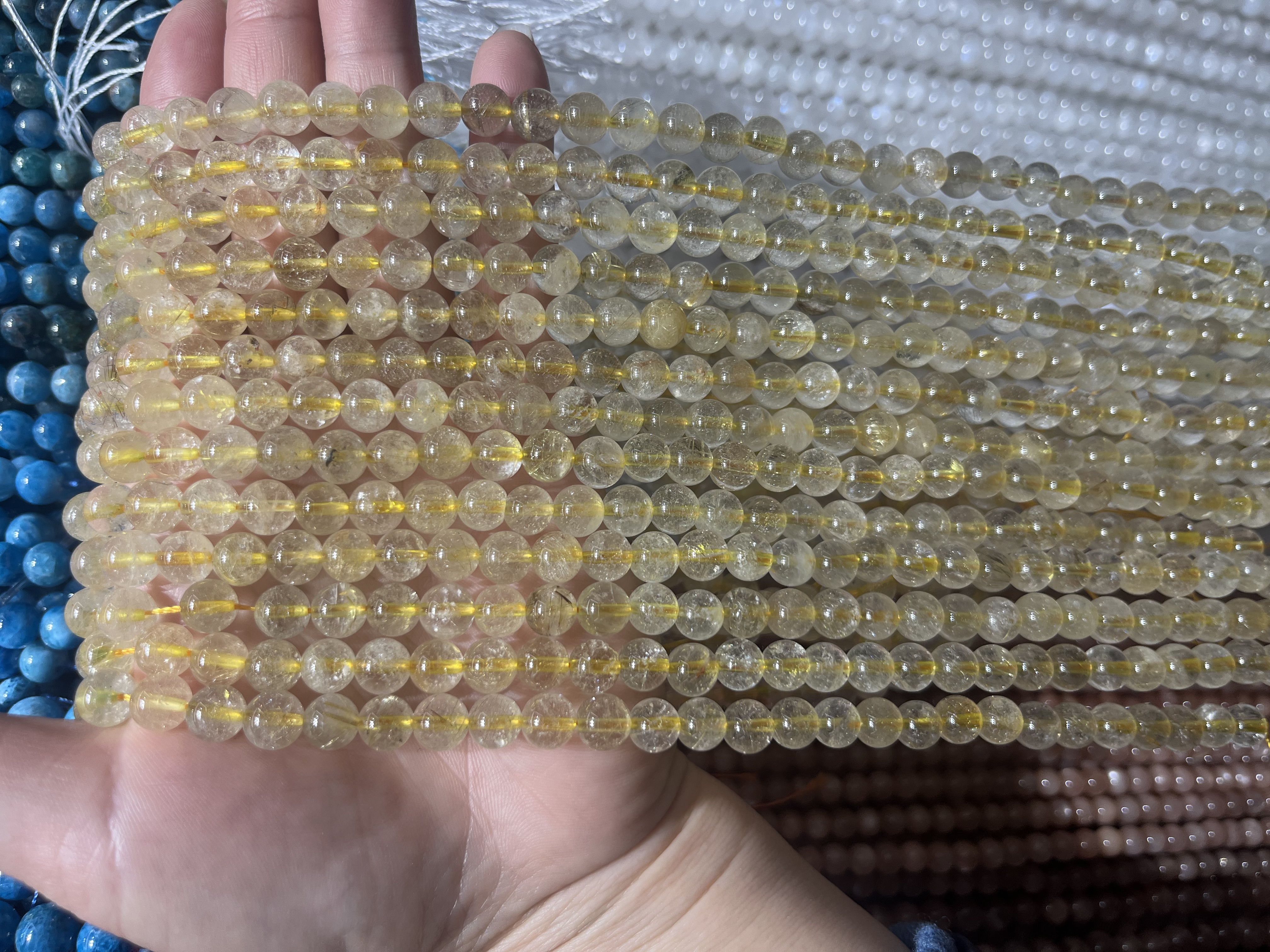 天然金发晶散珠批发 黄水晶diy饰品配件手链串珠 金发晶圆珠半成品 金丝发晶隔珠半成品珠子详情图7