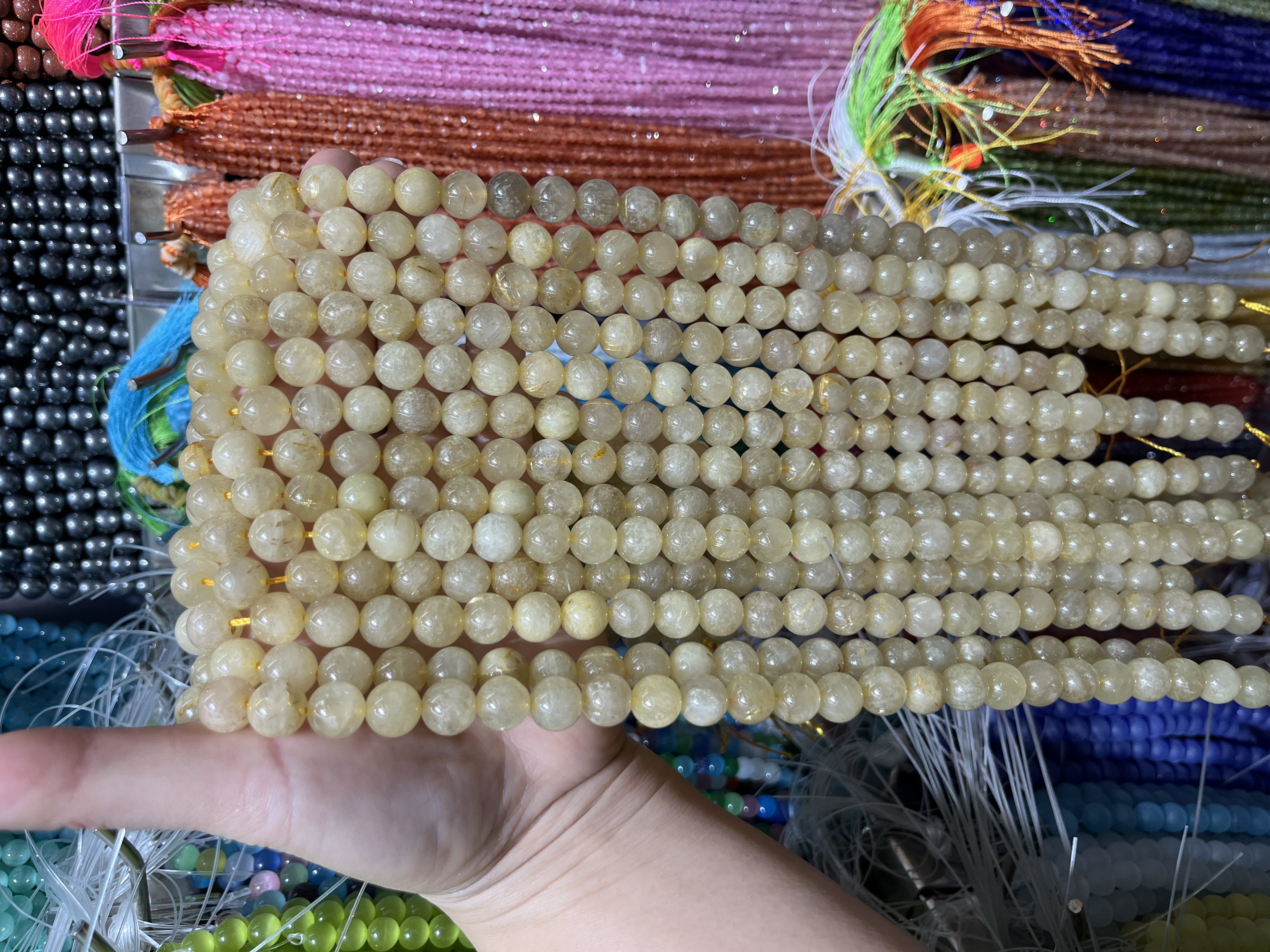 天然金发晶散珠批发 黄水晶diy饰品配件手链串珠 金发晶圆珠半成品 金丝发晶隔珠半成品珠子细节图