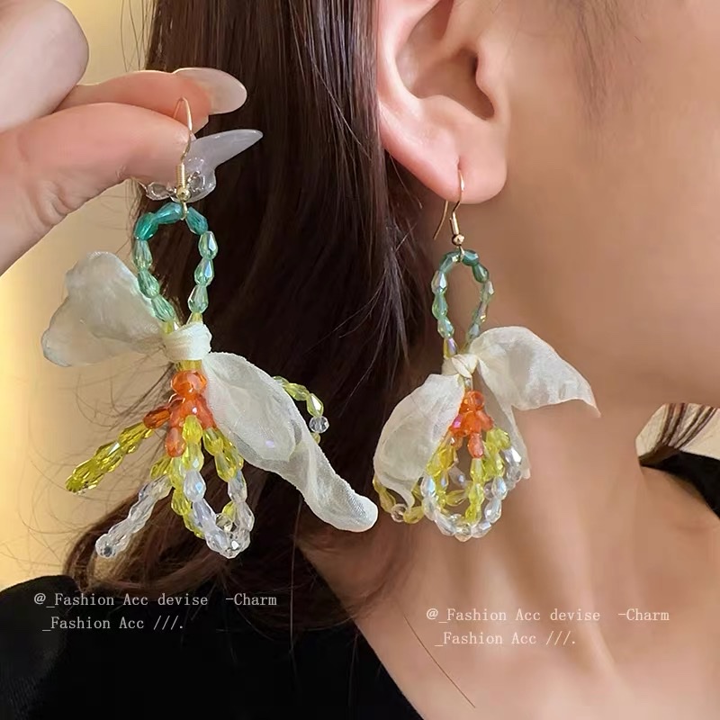 森系蝴蝶结水晶网纱耳环女小众气质氛围感耳钩时尚百搭田园风耳饰