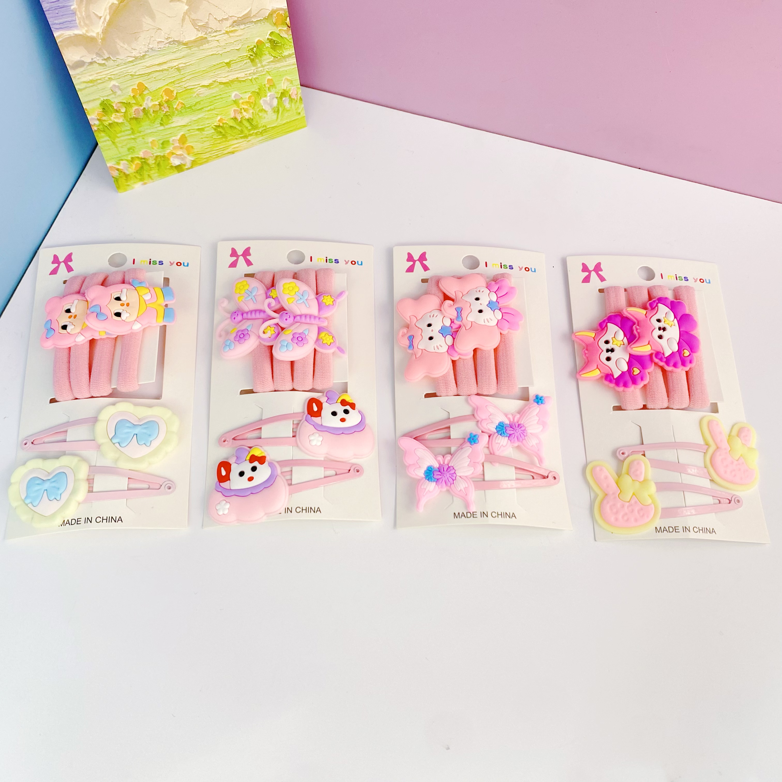 新款儿童发夹发圈套装卡通兔子爱心粉色BB夹弹力无缝发圈头饰毛巾圈发圈