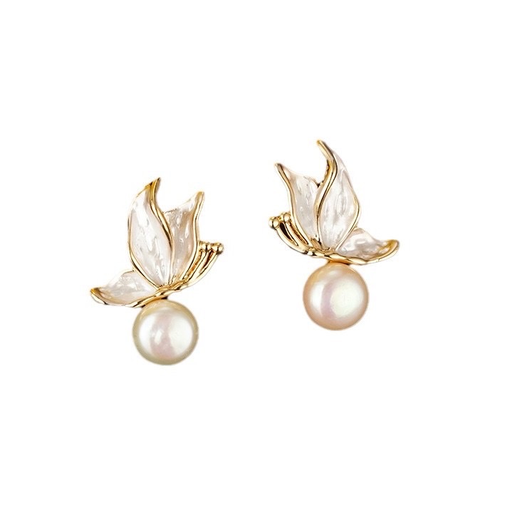 The Yabidai S925 exquisite hand-painted enamel butterfly natural freshwater pearl stud earrings are versatile, elegant, fresh and light luxury earrings detail image 7