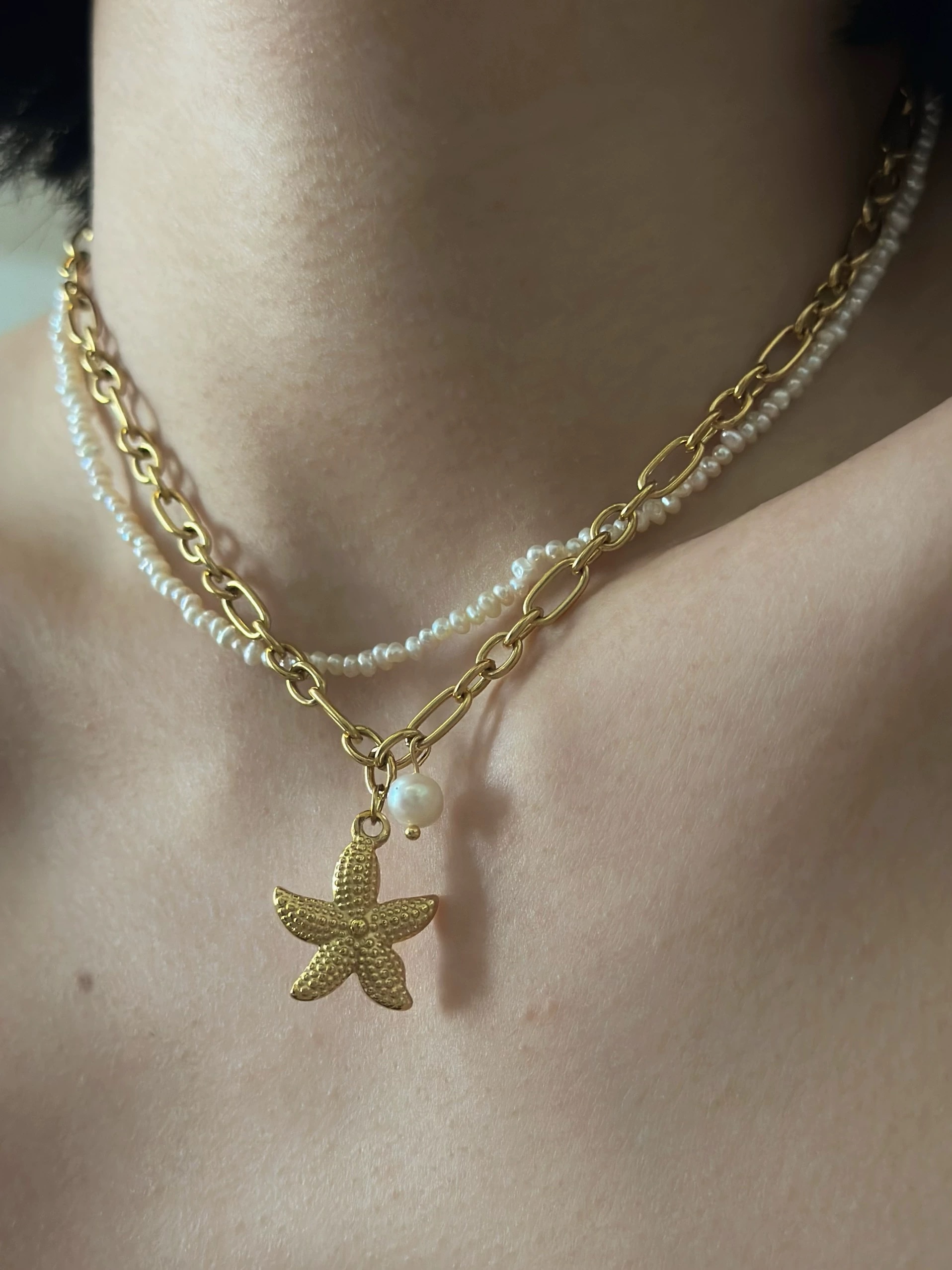 Titanium steel non-fading natural pearl starfish beach collarbone shell necklace High version