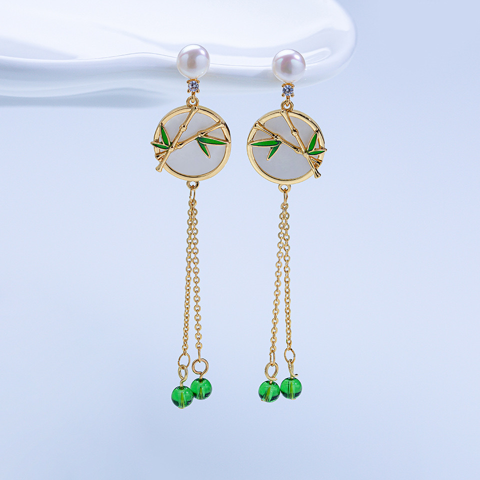 Yabidai New Chinese style natural freshwater pearl stud earrings S925 Silver Needle Earrings and bamboo tassels classical elegance accessories Item Picture