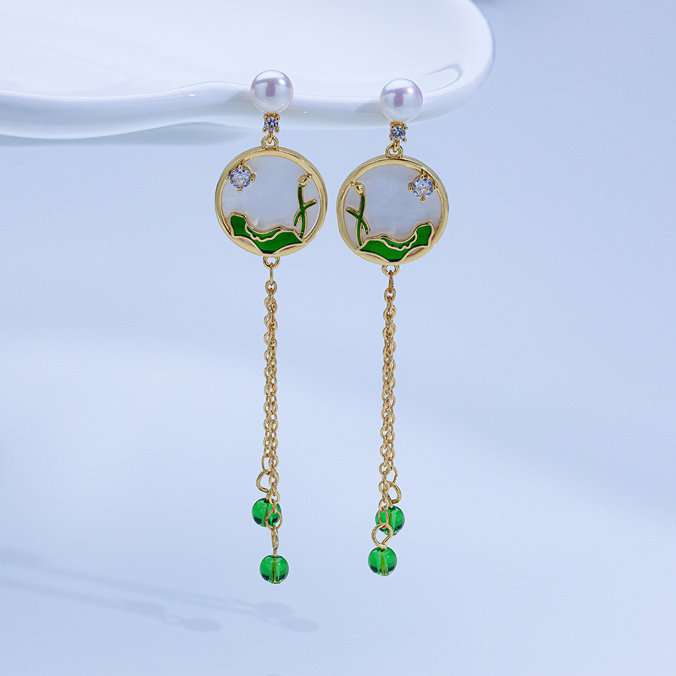 Yabidai New Chinese style natural freshwater pearl stud earrings S925 Silver Needle Earrings and bamboo tassels classical elegance accessories detail image 2