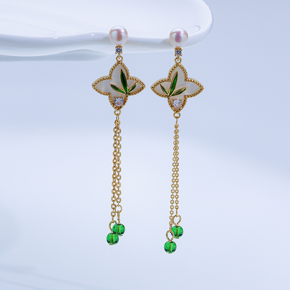 Yabidai New Chinese style natural freshwater pearl stud earrings S925 Silver Needle Earrings and bamboo tassels classical elegance accessories detail image 4