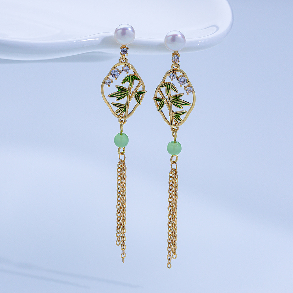 Yabidai New Chinese style natural freshwater pearl stud earrings S925 Silver Needle Earrings and bamboo tassels classical elegance accessories detail image 3