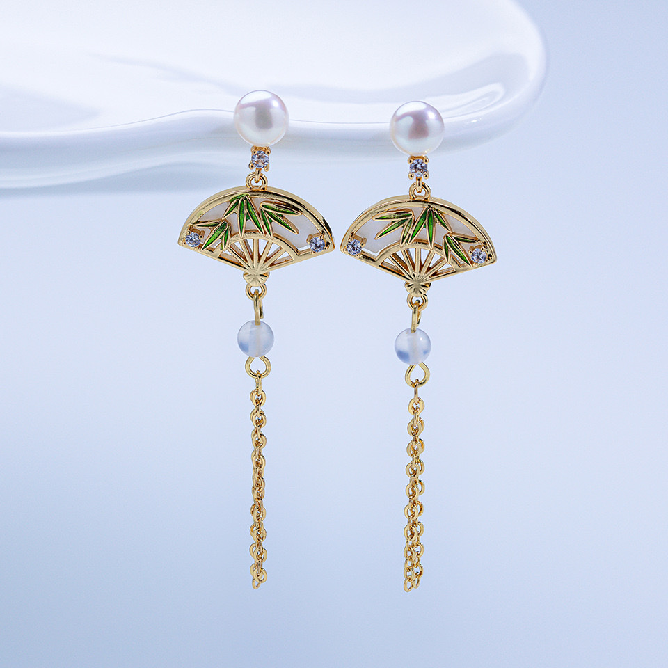 Yabidai New Chinese style natural freshwater pearl stud earrings S925 Silver Needle Earrings and bamboo tassels classical elegance accessories detail image 6