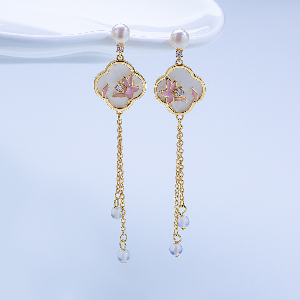 Yabidai New Chinese style natural freshwater pearl stud earrings S925 Silver Needle Earrings and bamboo tassels classical elegance accessories detail image 7