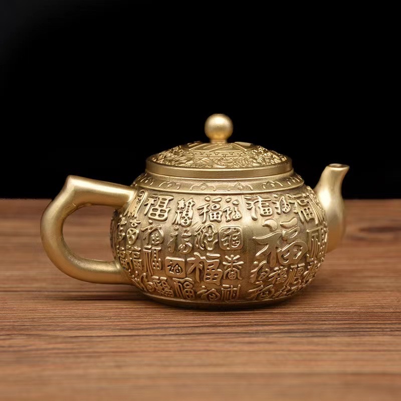 厂家直销黄铜茶壶龙凤茶壶百福茶壶麒麟茶壶办公桌用品摆件铜器产品图