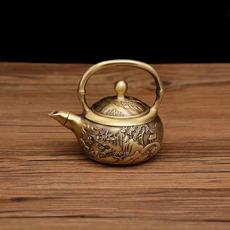 厂家直销黄铜茶壶龙凤茶壶百福茶壶麒麟茶壶办公桌用品摆件铜器详情图3