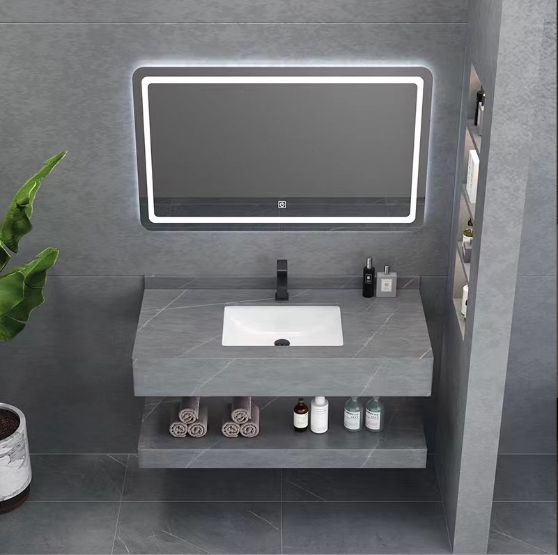 宾馆浴室柜组合岩板双层一体洗手盆家用卫生间洗漱台现代洗脸台盆卫浴洗手盆漱台细节图