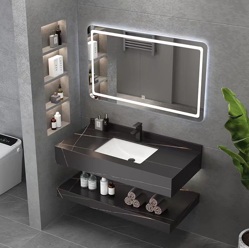 宾馆浴室柜组合岩板双层一体洗手盆家用卫生间洗漱台现代洗脸台盆卫浴洗手盆漱台产品图