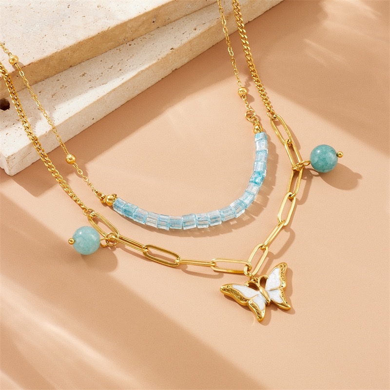 时尚新款 蓝色圆球串珠配件 双层叠戴不锈钢 白贝蝴蝶吊坠链条项链详情图2