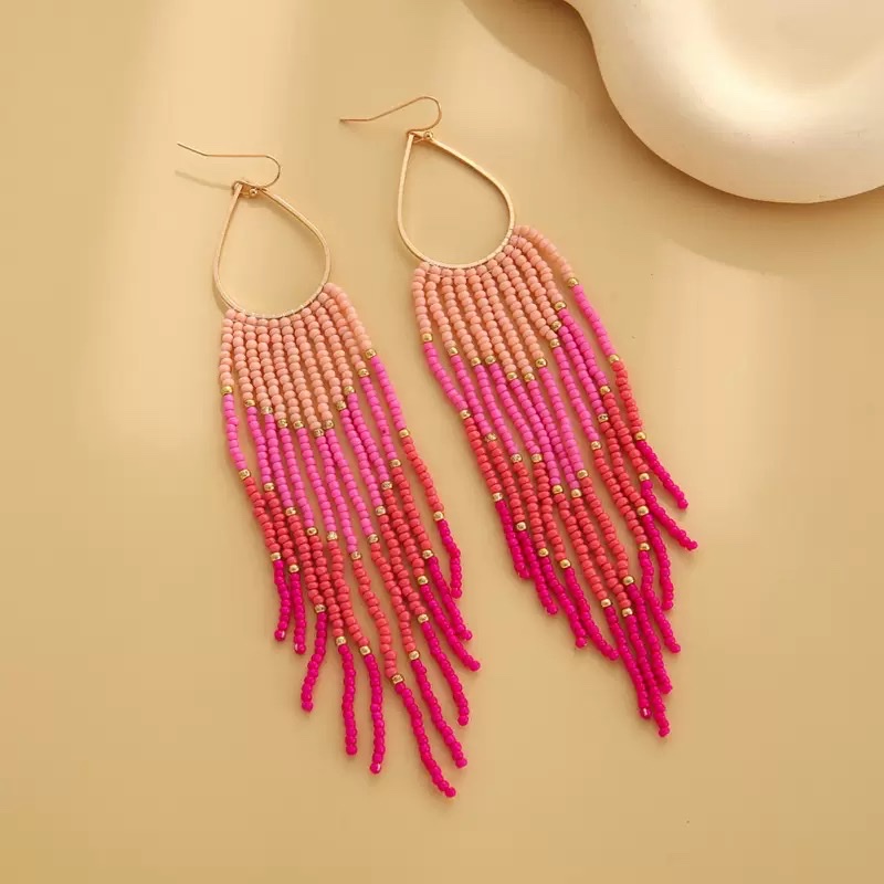 欧美复古波西米亚风彩色流苏耳环女长款手工串珠米珠耳坠耳饰批发详情图2