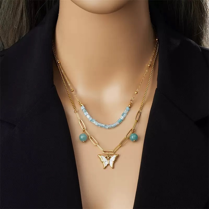 时尚新款 蓝色圆球串珠配件 双层叠戴不锈钢 白贝蝴蝶吊坠链条项链产品图