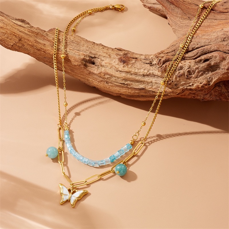 时尚新款 蓝色圆球串珠配件 双层叠戴不锈钢 白贝蝴蝶吊坠链条项链详情图3