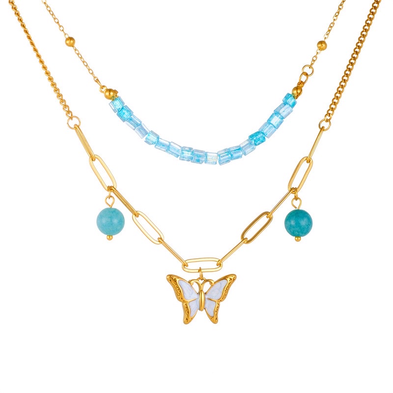 时尚新款 蓝色圆球串珠配件 双层叠戴不锈钢 白贝蝴蝶吊坠链条项链详情图6