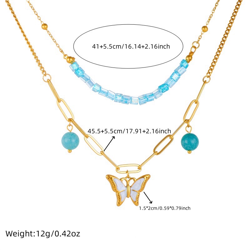 时尚新款 蓝色圆球串珠配件 双层叠戴不锈钢 白贝蝴蝶吊坠链条项链详情图5