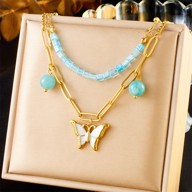 时尚新款 蓝色圆球串珠配件 双层叠戴不锈钢 白贝蝴蝶吊坠链条项链详情图4