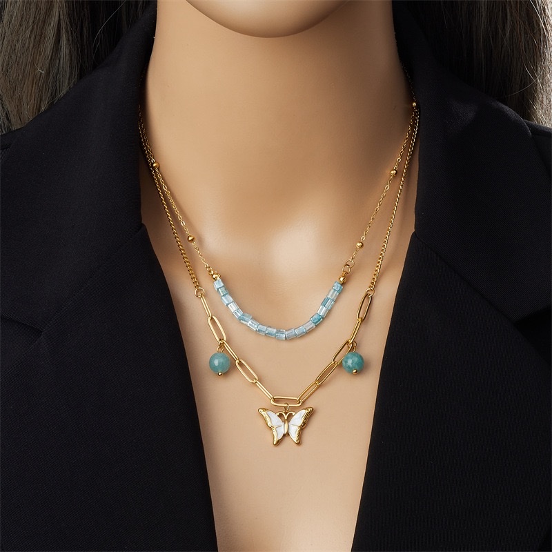 时尚新款 蓝色圆球串珠配件 双层叠戴不锈钢 白贝蝴蝶吊坠链条项链详情图1